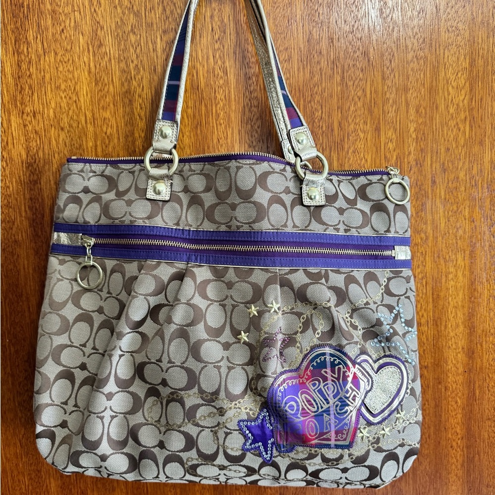 Coach Brown Tote with Purple and Gold Accents